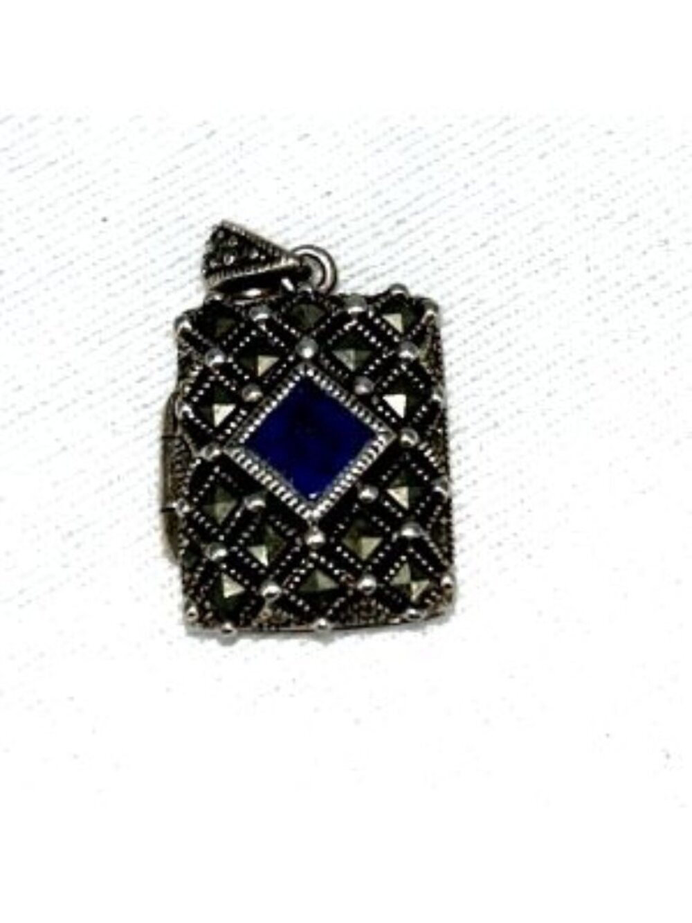 Sterling Silver 925 Pendant Locket Marcasite Blue Lapiz Thailand 1"